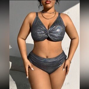 NWT Metallic Twisted Knot Side Drawstring Swimsuit Set